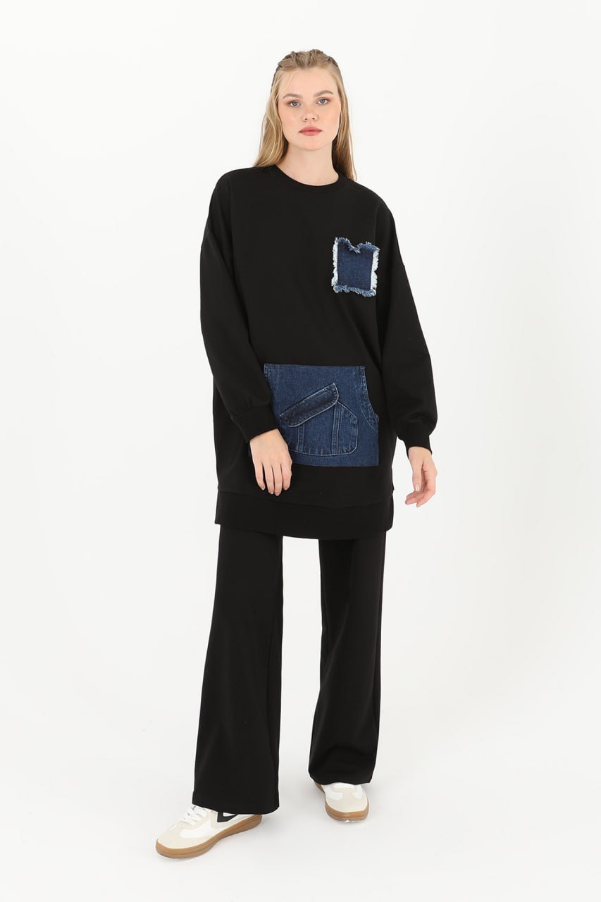 10560 PUANE İKİ İPLİK KUMAŞ KOT KANGURU CEPLİ SWEATSHIRT-SİYAH