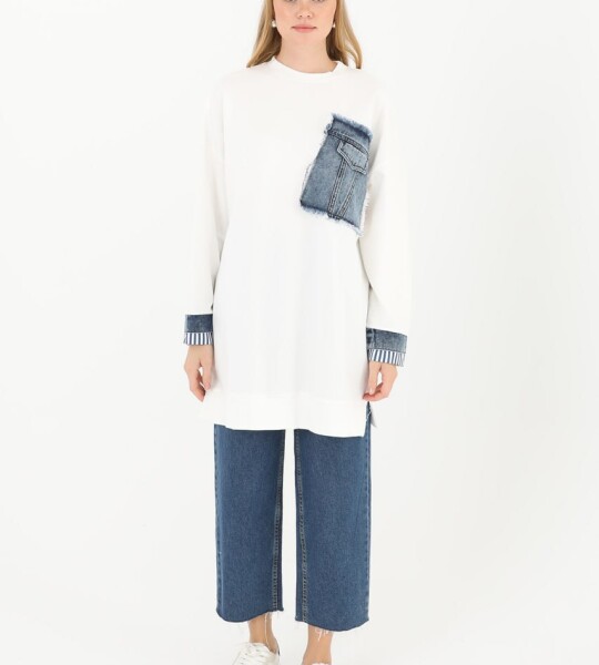 10566 PUANE İKİ İPLİK KUMAŞ KOT KUMAŞ GARNİLİ SWEATSHIRT-EKRU