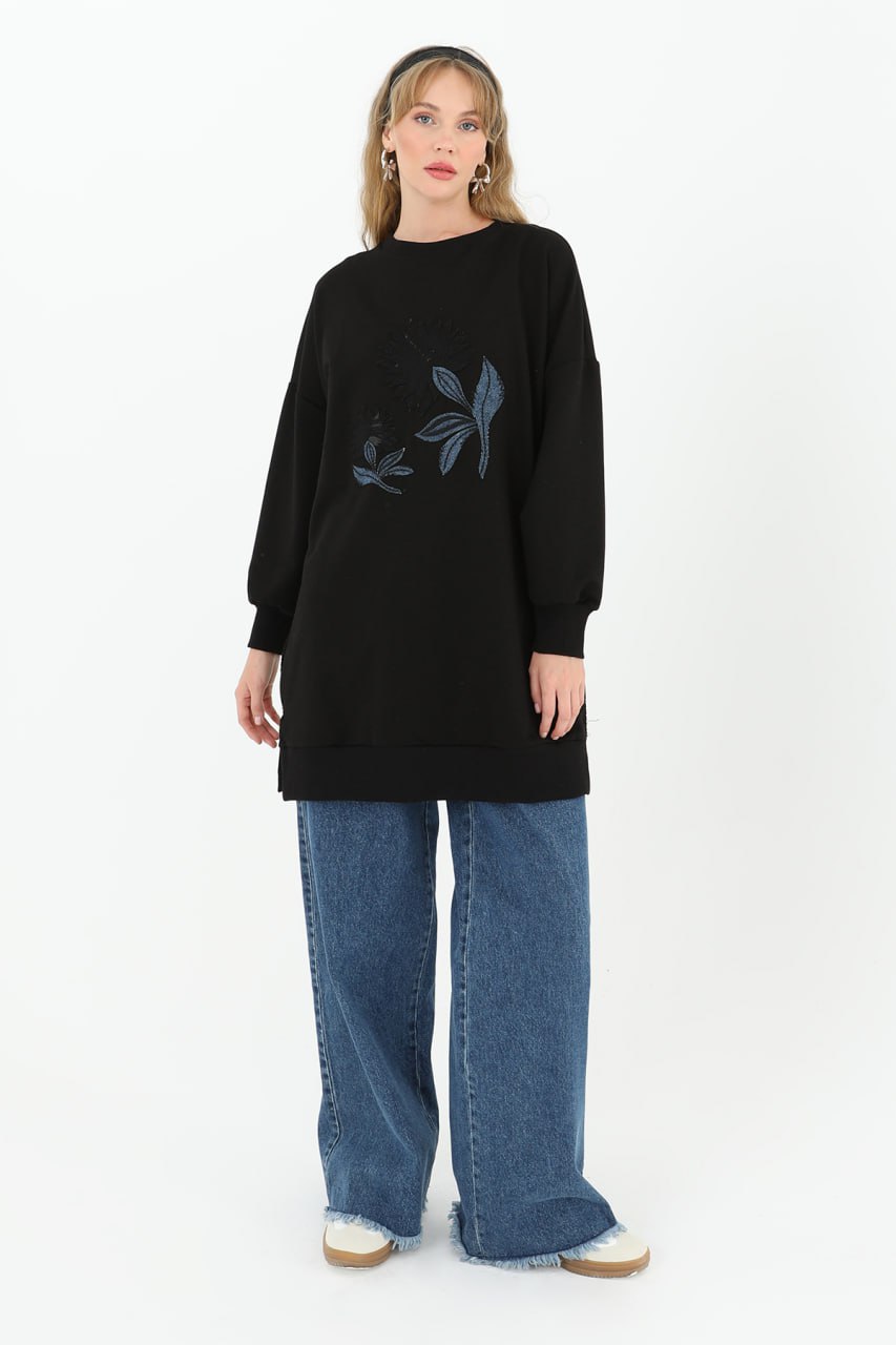 10573 PUANE İKİ İPLİK KUMAŞ KOT GARNİLİ SWEATSHIRT-SİYAH