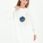 10575 PUANE İKİ İPLİK KUMAŞ NAKIŞLI VE ÇİÇEKLİ SWEATSHIRT-EKRU