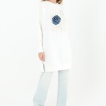 10575 PUANE İKİ İPLİK KUMAŞ NAKIŞLI VE ÇİÇEKLİ SWEATSHIRT-EKRU