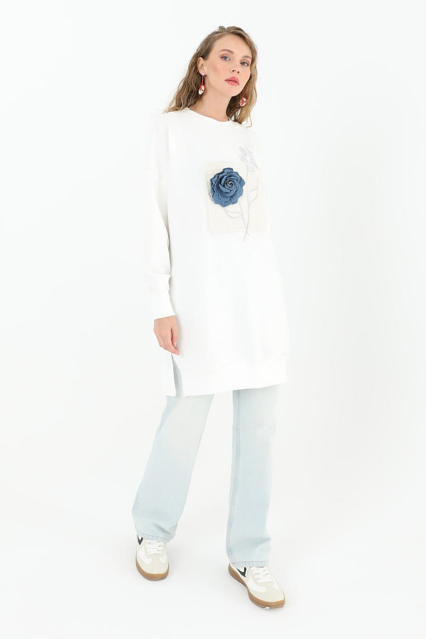 10575 PUANE İKİ İPLİK KUMAŞ NAKIŞLI VE ÇİÇEKLİ SWEATSHIRT-EKRU