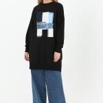 10582 PUANE İKİ İPLİK KUMAŞ ÖNÜ KUMAŞ GARNİLİ SWEATSHIRT-SİYAH