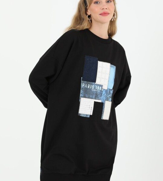 10582 PUANE İKİ İPLİK KUMAŞ ÖNÜ KUMAŞ GARNİLİ SWEATSHIRT-SİYAH