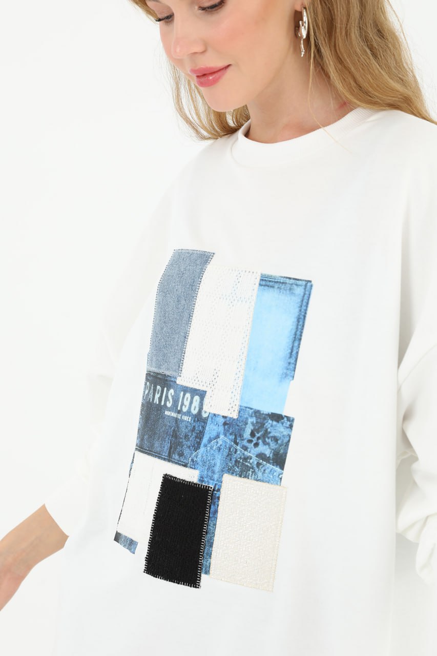 10582 PUANE İKİ İPLİK KUMAŞ ÖNÜ KUMAŞ GARNİLİ SWEATSHIRT-EKRU