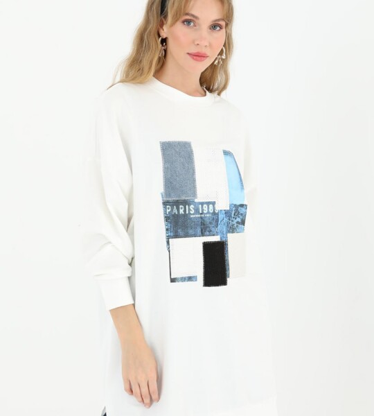 10582 PUANE İKİ İPLİK KUMAŞ ÖNÜ KUMAŞ GARNİLİ SWEATSHIRT-EKRU