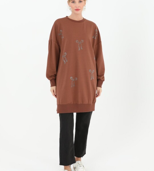 10593 PUANE İKİ İPLİK KUMAŞ TAŞ BASKILI SWEATSHIRT-KAHVE