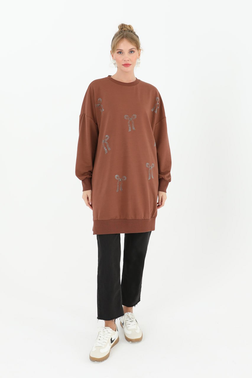 10593 PUANE İKİ İPLİK KUMAŞ TAŞ BASKILI SWEATSHIRT-KAHVE