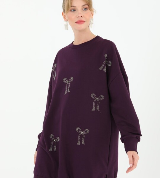 10593 PUANE İKİ İPLİK KUMAŞ TAŞ BASKILI SWEATSHIRT-MOR