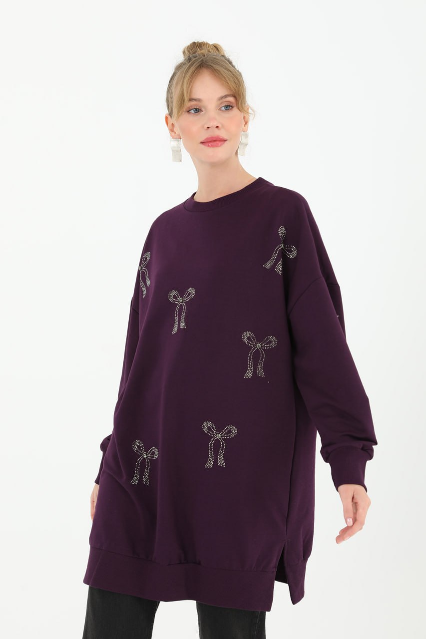 10593 PUANE İKİ İPLİK KUMAŞ TAŞ BASKILI SWEATSHIRT-MOR