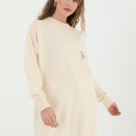 10597 PUANE İKİ İPLİK KUMAŞ CEP VE YAZI DETAYLI SWEATSHIRT-TAŞ