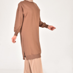 30645 Puane 2 İplik Kumaş Uzun Boy Basic Sweatshirt-KAHVERENGİ