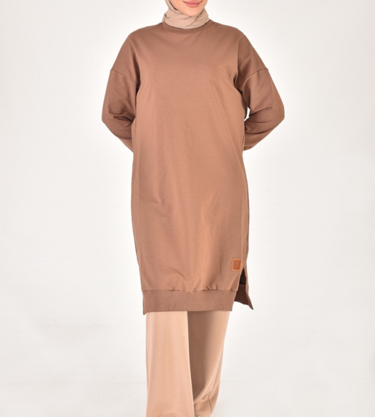 30645 Puane 2 İplik Kumaş Uzun Boy Basic Sweatshirt-KAHVERENGİ