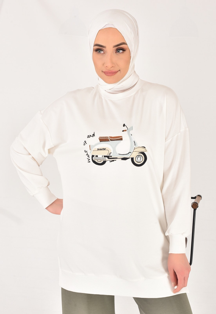 10636 İki İplik Kumaş Scooter Nakış Detaylı Tesettür Sweatshirt-EKRU