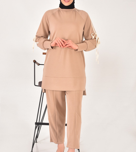 20606 Modal kumaş kol detaylı tesettür ikili takım-TAŞ