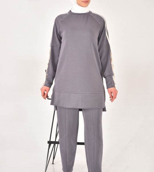 20606 Modal kumaş kol detaylı tesettür ikili takım-GRİ