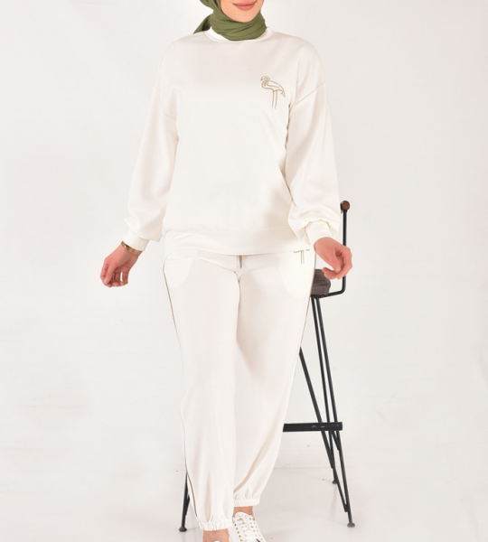 32162 Modal Kumaş Kuş Nakış Detaylı Tesettür İkili Takım-Ekru