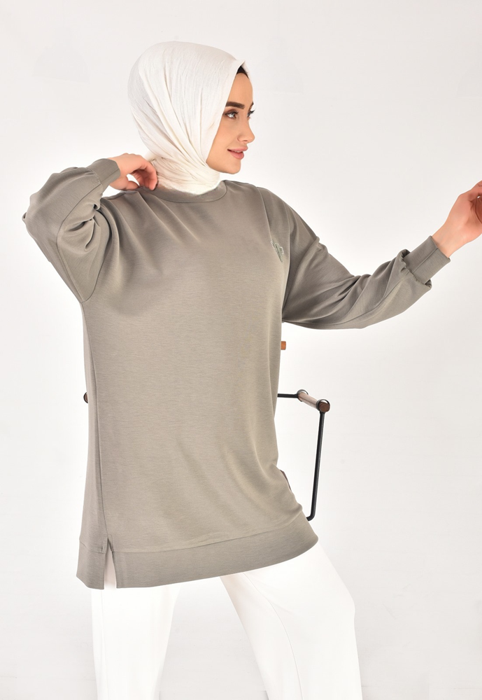 10614 Modal Kumaş Taş ve Nakış Detaylı Tesettür Tunik-Haki