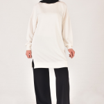 10614 Modal Kumaş Taş ve Nakış Detaylı Tesettür Tunik-Ekru