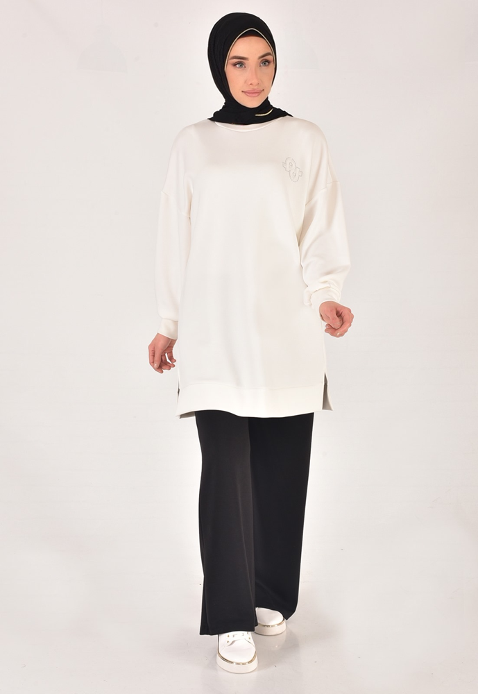 10614 Modal Kumaş Taş ve Nakış Detaylı Tesettür Tunik-Ekru