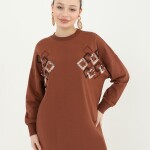 10394 Puane Pul ve Boncuk Detaylı İki İplik Sweatshirt-KAHVE