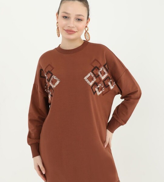 10394 Puane Pul ve Boncuk Detaylı İki İplik Sweatshirt-KAHVE