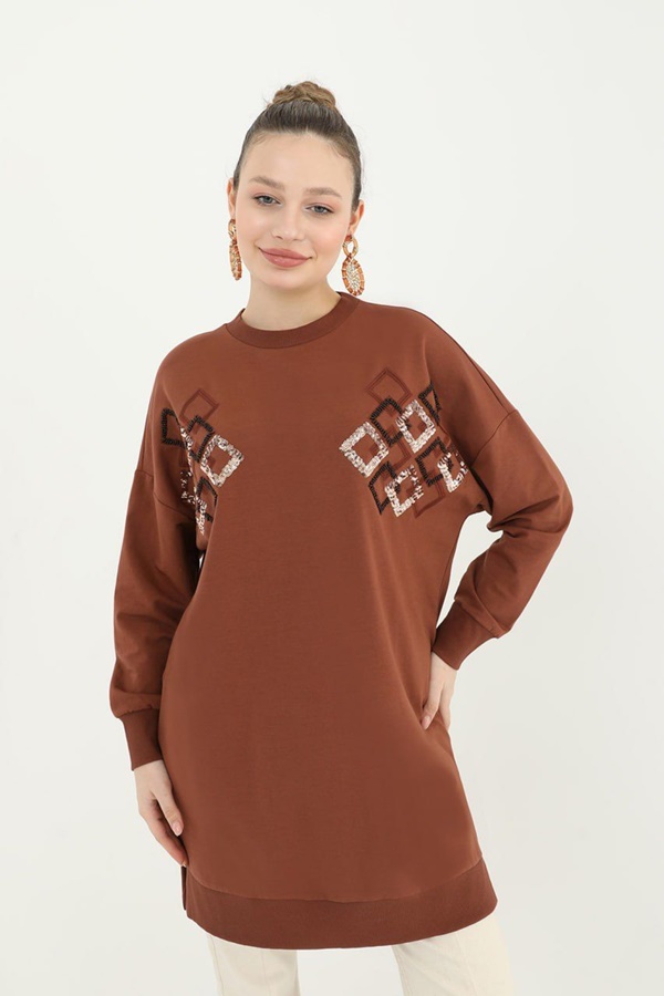 10394 Puane Pul ve Boncuk Detaylı İki İplik Sweatshirt-KAHVE