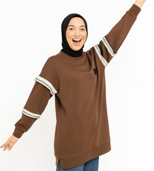 10718 Puane 2 İp Kumaş Fırfır Detaylı Sweatshirt-KAHVE